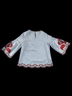 Solitaire Blue Gingham Top with Red Logo Detail